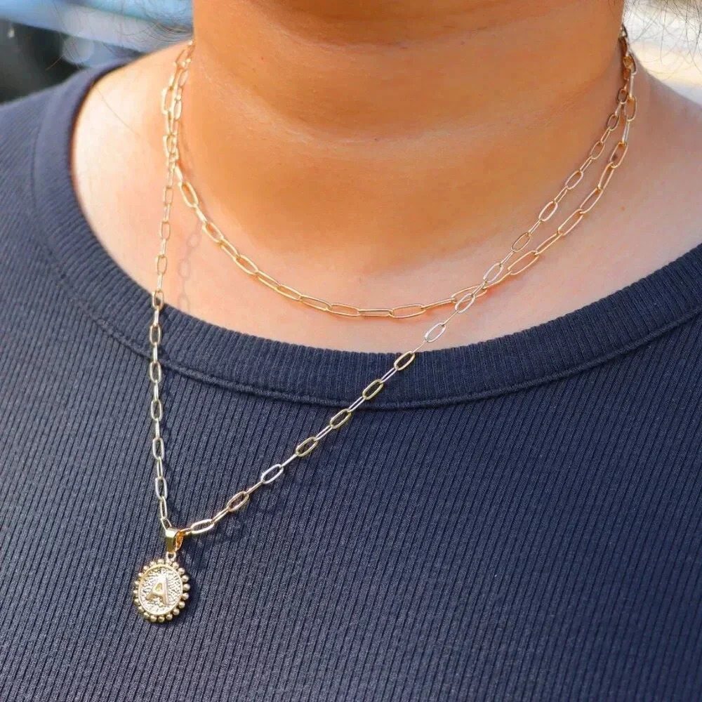 2 LAYER GOLD LETTER INITIAL COIN ROUND/CIRCLE PENDANT DAINTY NECKLACE, ELDM22154 - Picture 7 of 14